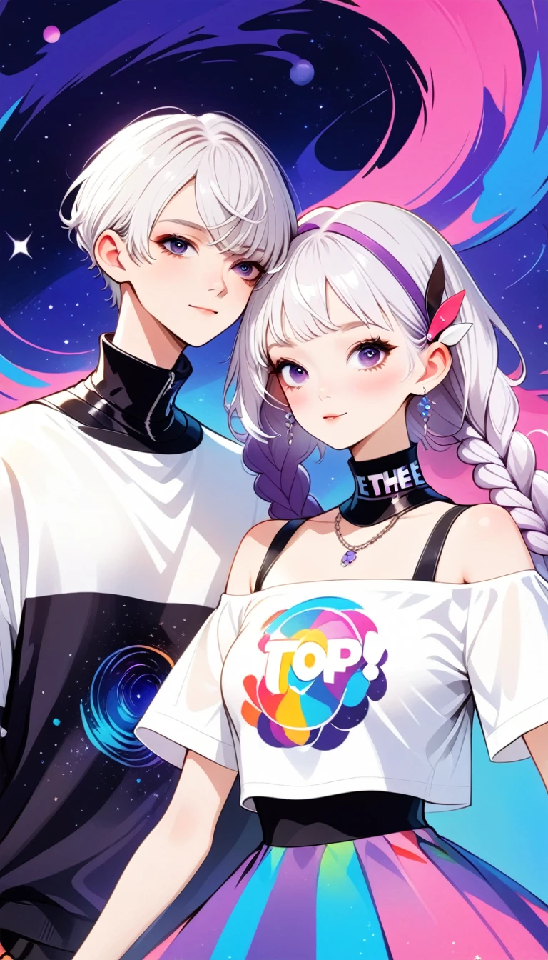 graphic design,Vector Art,Smooth lines,Simple style,Funny couple poster design:Break,Boys short hair white,Girl white hair purple Hair accessories long braids,Hair accessories,High collar off-shoulder short sleeves,Galaxy theme,(fashion design),(Vibrant colors)(Vibrant colors),(((Leave the top blank,text &References;rich and colorful")))