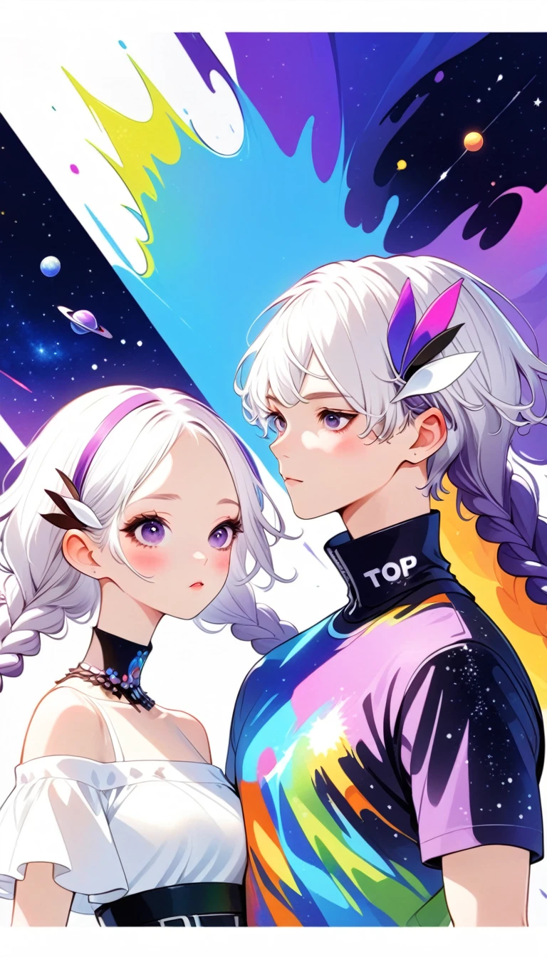 graphic design,Vector Art,Smooth lines,Simple style,Funny couple poster design:Break,Boys short hair white,Girl white hair purple Hair accessories long braids,Hair accessories,High collar off-shoulder short sleeves,Galaxy theme,(fashion design),(Vibrant colors)(Vibrant colors),(((Leave the top blank,text &References;rich and colorful")))