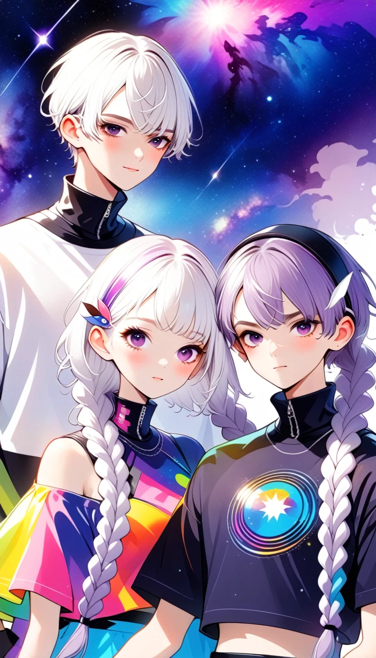 graphic design,Vector Art,Smooth lines,Simple style,Funny couple poster design:Break,Boys short hair white,Girl white hair purple Hair accessories long braids,Hair accessories,High collar off-shoulder short sleeves,Galaxy theme,(fashion design),(Vibrant colors)(Vibrant colors),(((Leave the top blank,text &References;rich and colorful")))