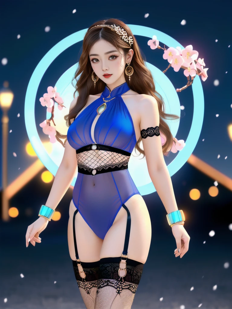 An Asian Chinese female model, (Night background), (8K Ultra HD, Digital SLR Camera, Soft Light, high quality, Volumetric Lighting, frank, photo, high resolution, 4K, 8K, Bokeh), (Create stunning images of real girls, warm light, Dynamic poses, Elegant Posture, Cowboy lens, Full body front view, From the front，Be confident, Front of the body facing the camera, Standing posture facing the camera, Open your legs slightly, Golden Ratio Graphics, Minimalism), (Show a charming smile, Willow Leaf Eyebrows, big eyes, Apricot eye prick, Cherry Blossom, Balanced Eyes, Oval face, Pretty Face, Normal facial features, Skin is transparent and visible, Thin skin and tender meat, cosmetic, earrings, bracelet, necklace, Jewelry, veil, Hair accessories), (Brown hair, Wavy curly hairstyle, Waist-length hair, Messy Hairstyle, Gradient hairstyles, Cyberpunk hairstyle), ((Transparent clothes：1.5), (Color of clothes:Coral blue), Mesh clothes，Transparent mesh one-piece swimsuit, Three-point bra with straps), (Sexy, Perfect breast shape, Teardrop-shaped chest shape, Snow-white breasts, very detailed breasts, 34E cup), (Super high waist clothes, Waist hollow,Camel toe, Levain), (Black buds, Sheer lace knee socks, 吊garter, Leg ring, garter, 腿部garter)