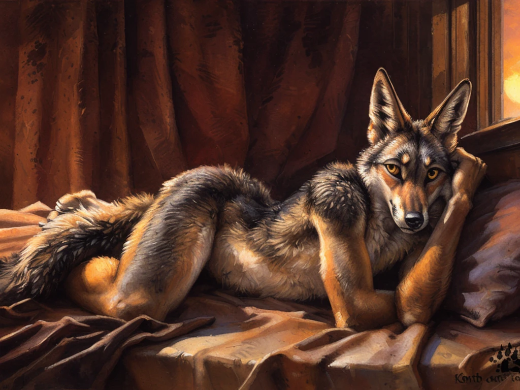 ((symmetrical eyes, dark retinas, simple eyes, large wide eyes)), ((solo)), anthro, male, (coyote), ((sexy, feminine body)), laying on side, shy, (tail:1.2), by blotch, by kenket, (masterpiece, 8k, (perfect hands), correct anatomy:1.2), detailed background, bed, dusk, tan fur, in back turned posing