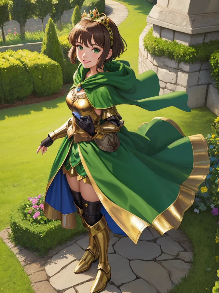 masterpiece, best quality:1.2), 1girl, smile, looking at viewer, green eyes, short brown hair, princess, armor, armored dress, green cloak cape, wearing puffy blue ballgown skirt, golden tiara with green gem, armored boots, fingerless gloves, stading in medieval garden