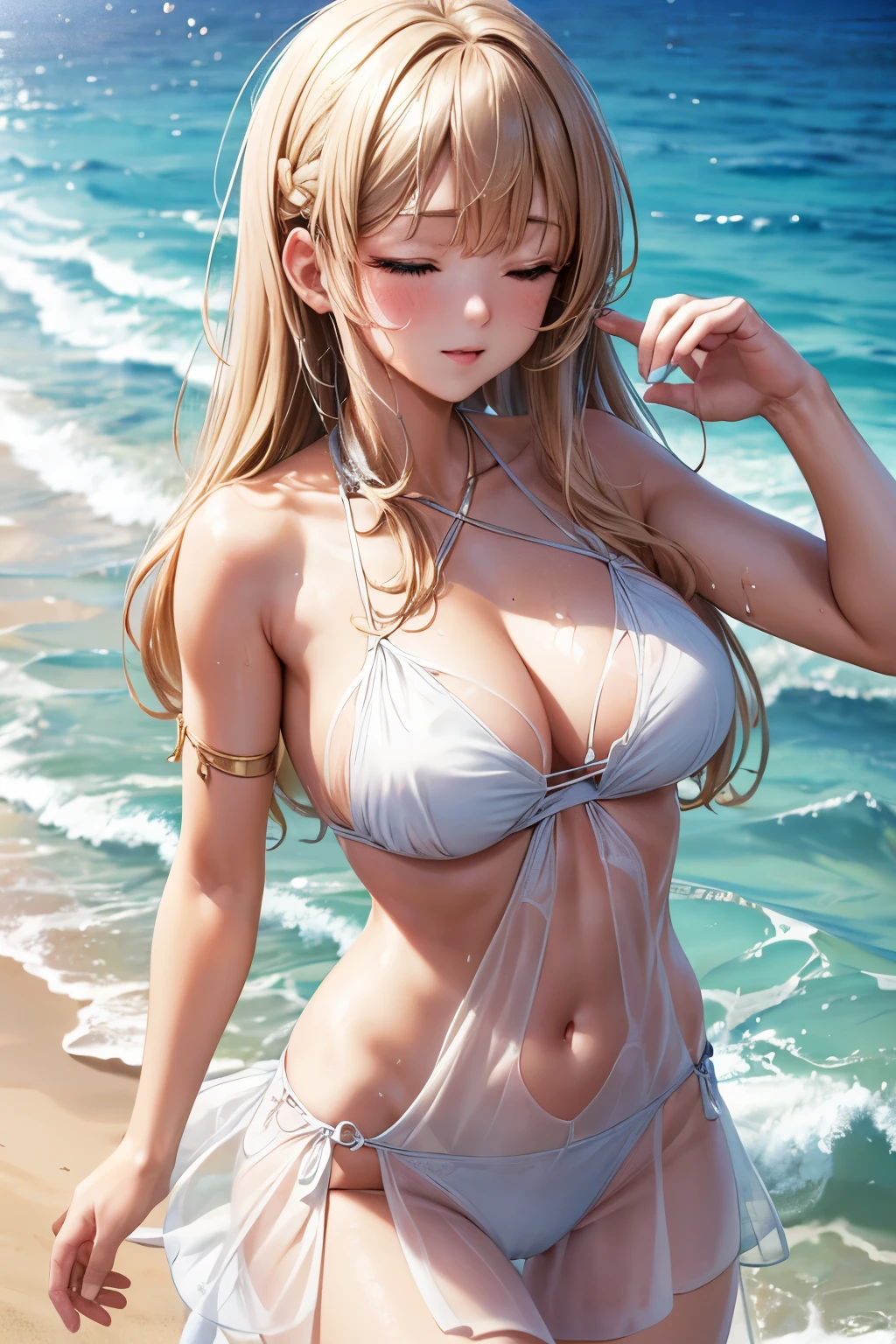 Waikiki Beach, Hawaii, dress without sleeve, ((best quality, 8K, masterpiece: 1.3))), Clear focus: 1.2, (Layer cutting, Large target: 1.2), Beauty in a perfect body: 1.4, Slender abs: 1.2, wet: 1.5, Highly detailed face and skin textures, eyes closed, double eyelids, Messy Hairstyle, No makeup,