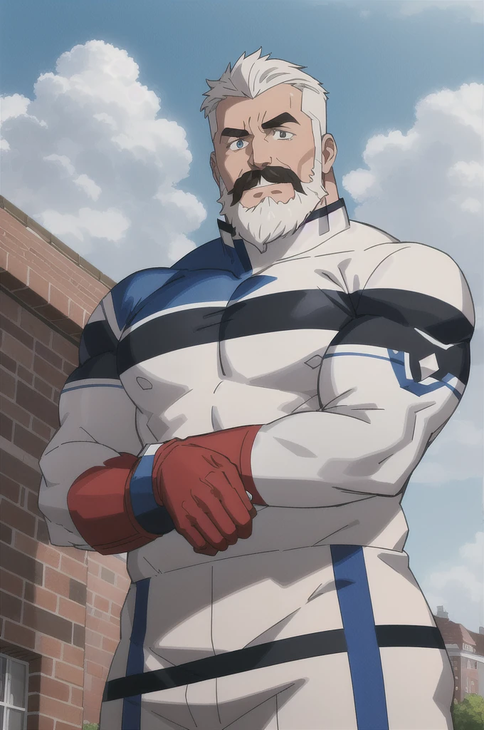 Invincible, masterpiece, best quality, facial hair, male focus, 1boy, muscular, mustache, bodysuit, solo, muscular male, superhero, black hair, multicolored hair, bara, short hair, upper body, crossed arms, two-tone hair, mature male, sky, pectorals, red bodysuit, blue eyes, white bodysuit, old, white hair, undercut, outdoors, large pectorals, day, old man, cloud, red gloves, thick eyebrows, gloves, sideburns, looking at viewer, building, beard