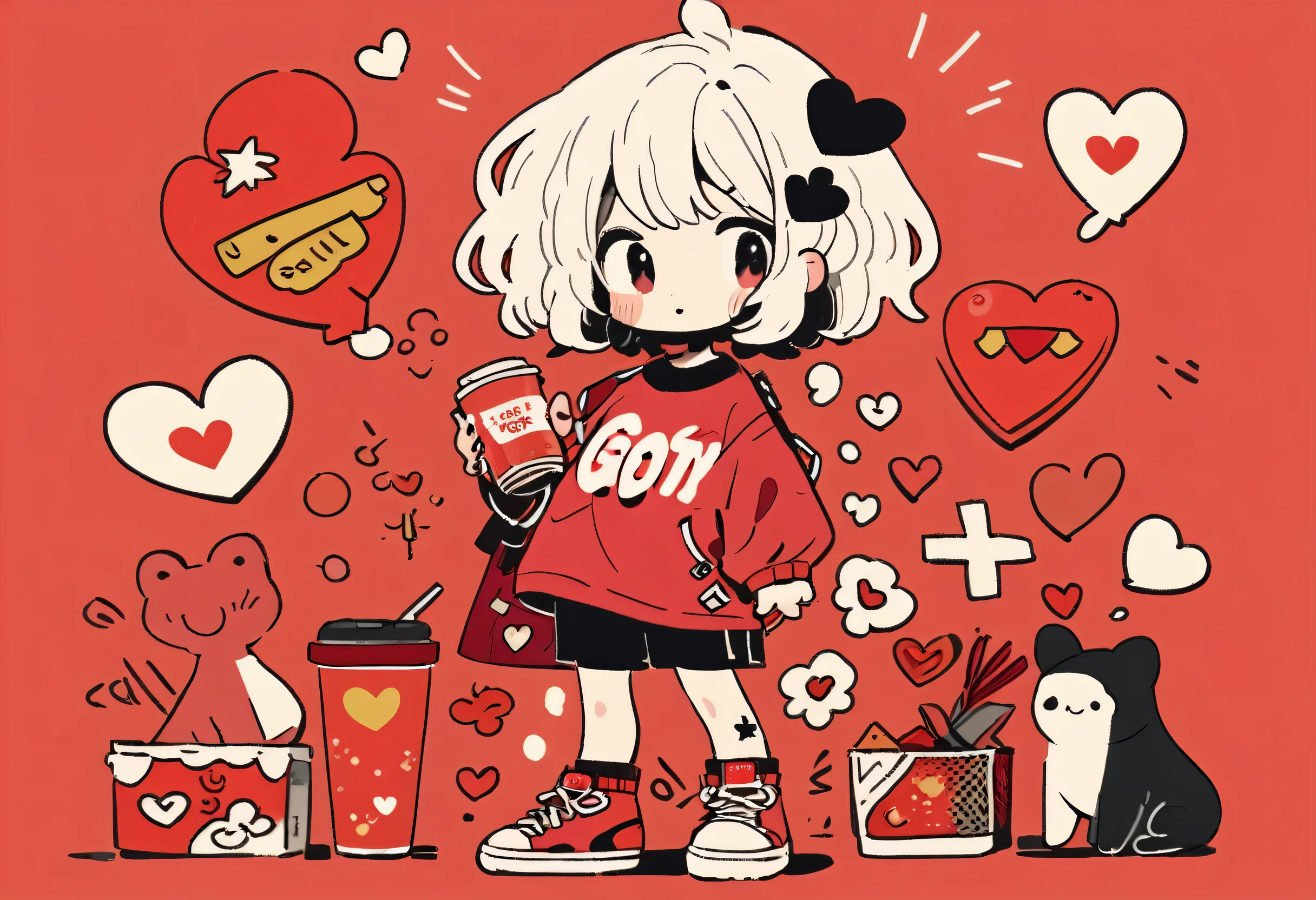 Black Star Red and White style, Simple Line Initialism，Abstract art，Urban Background, colorful hearts ,(((The most beautiful girl of all time))), ((chibi)), Sweet face. 