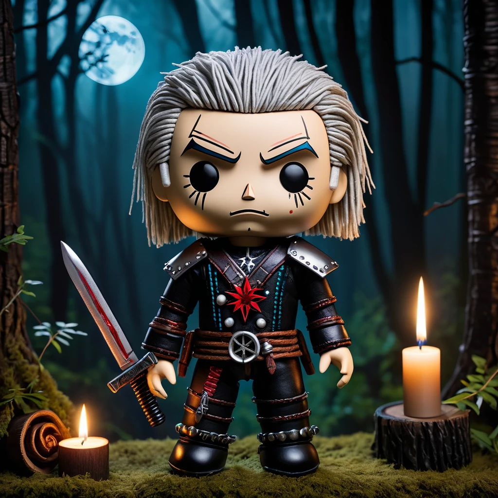(knitted toy voodoo doll:1.7), (voodoo Geralt1.4), (of Rivia from The Witcher:1.4), (Clothing: leather armor with wolf medallion, black trousers:1.0), (Accessories: silver sword, potions vials:1.1), (background: dark and mystical forest with moonlight filtering through trees:1.2)), best quality, masterpiece, detailed soft oil painting, detailed background, dramatic cinematic lighting, soft edge lighting, professional, dramatic lighting, hard edge lighting, ultra quality, 4k, masterpiece, best quality, 8k, ultra high definition, high resolution, extremely detailed