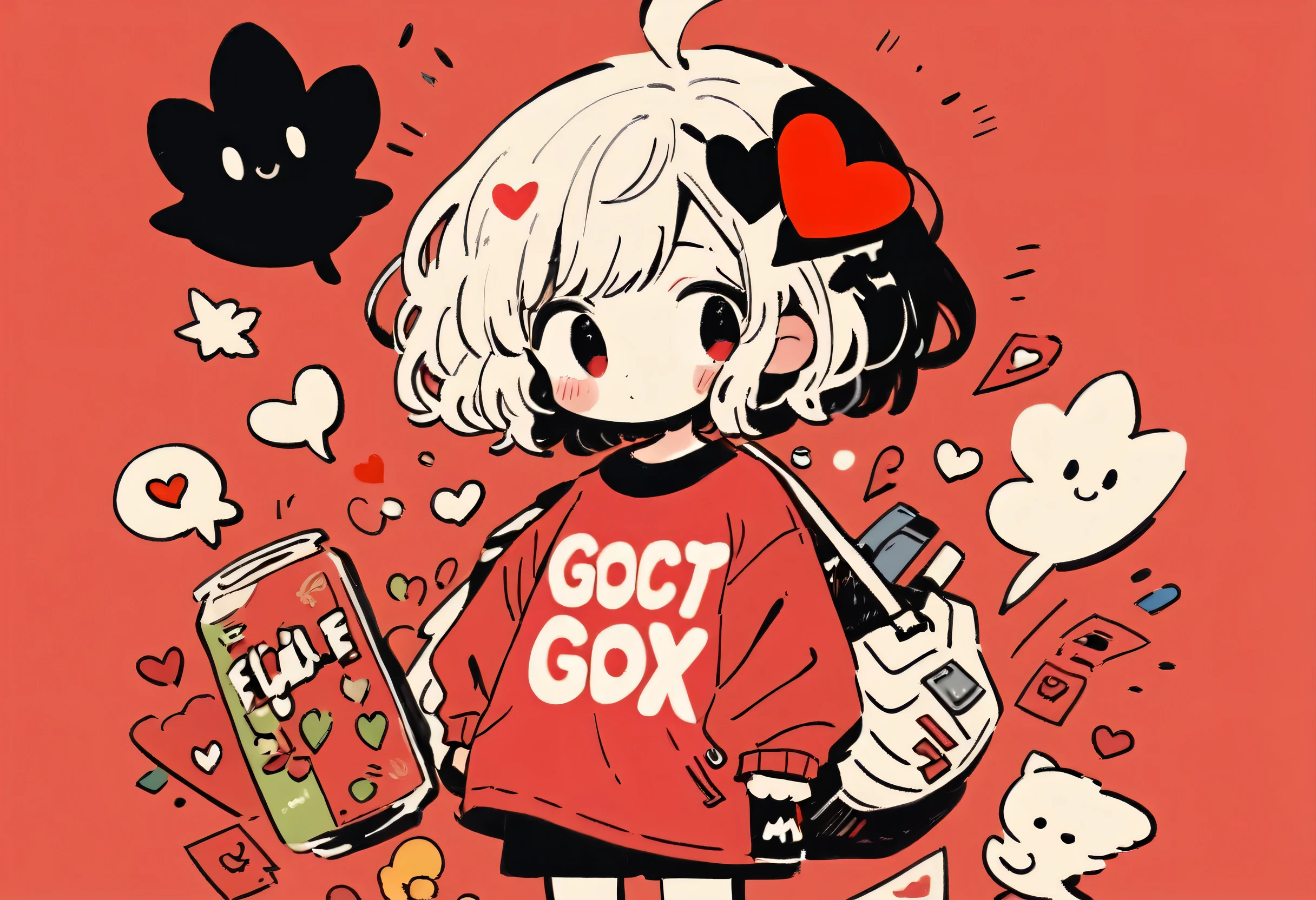 Black Star Red and White style, Simple Line Initialism,Abstract art,Urban Background, colorful hearts ,(((The most beautiful girl of all time))), ((chibi)), Sweet face.