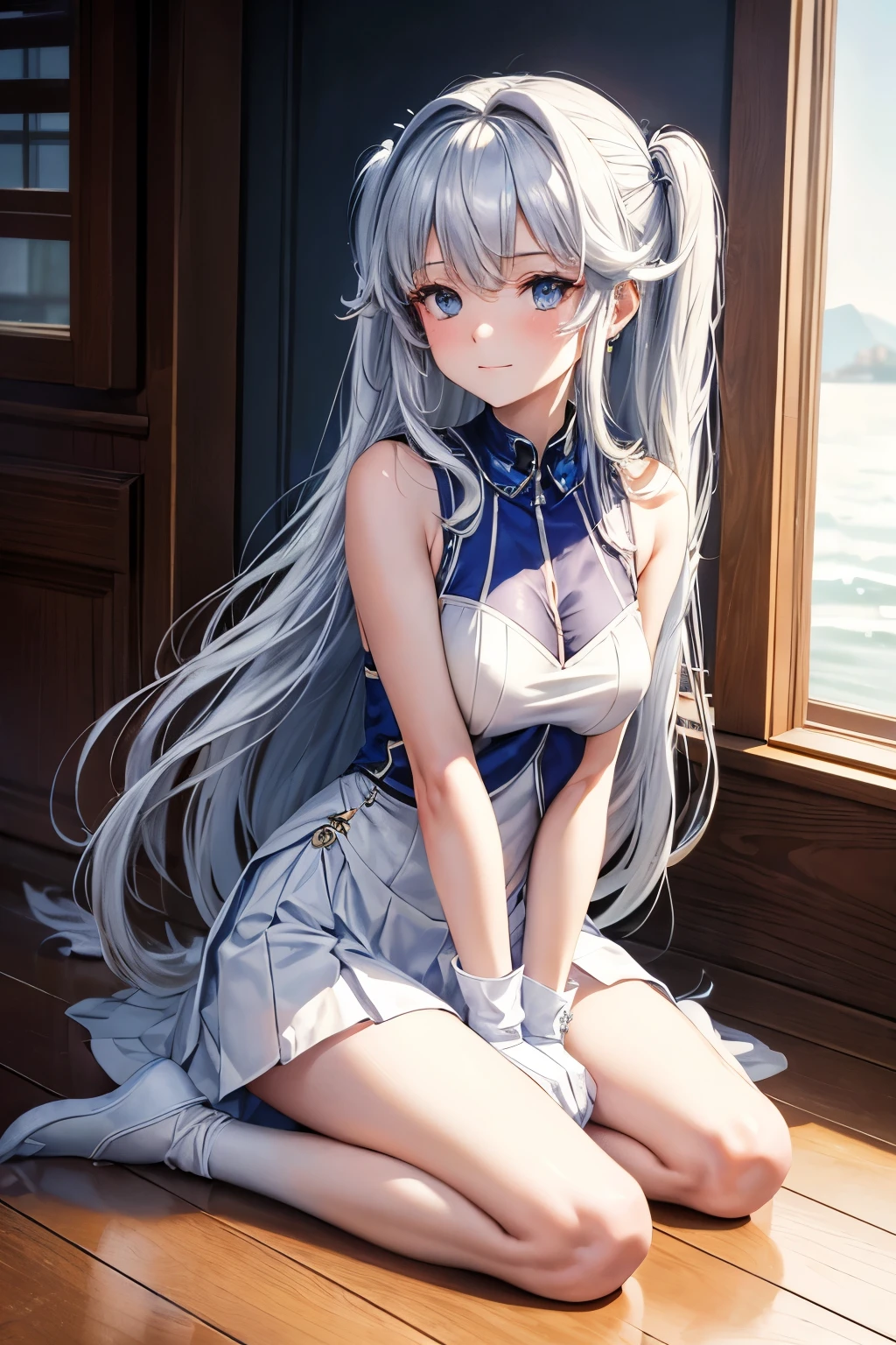 best quality, masterpiece, 1 girl, alone, ferry, long hair, ferryBase, High Leg Raise, Bare shoulders, jewelry, Sleeveless, White dress, Blue skirt, Gloves, floor room, floor, Wooden floor, sitting, sitting on floor, Hands on legs, A faint smile, soft light, whole body, Wide hips, Medium breasts