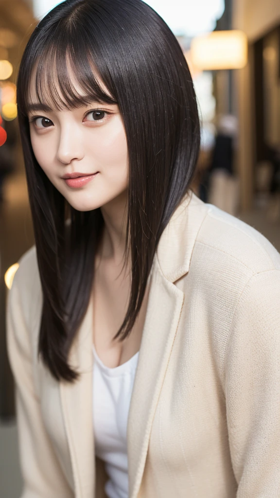 masterpiece, highest quality, High resolution,alone,Brown,artistic,Best lighting,Casual clothing,Flat Chest,Beautiful Face,expensive,smile,light makeup,Age 24,Calm woman,Detailed Hair,Laughing woman,Face Focus,Bob Cut Hair,Vibrant colors,Thin eyebrows,Woman wearing a naked jacket,outside,night,Background Bokashi,illumination,Low exposure,Office Casual,whole body,NSFW