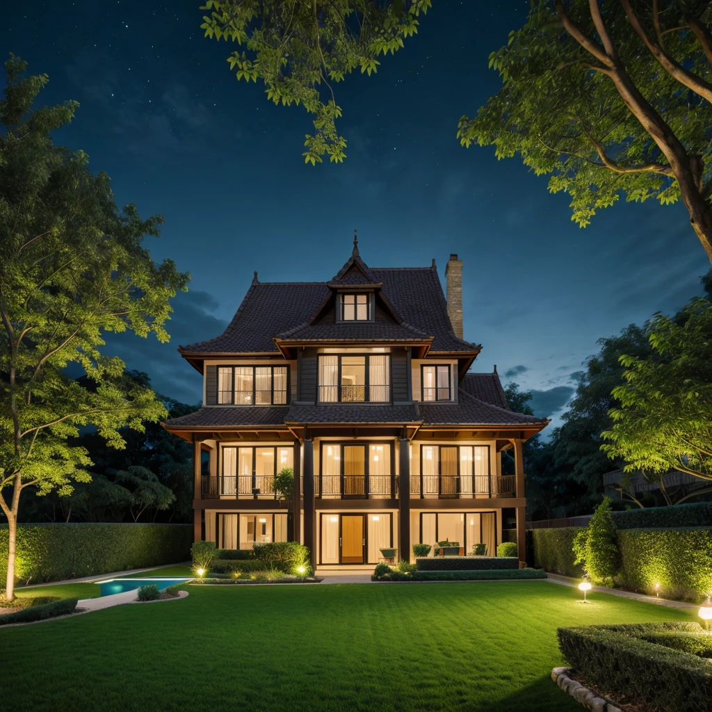 Two story house in the night background green garden