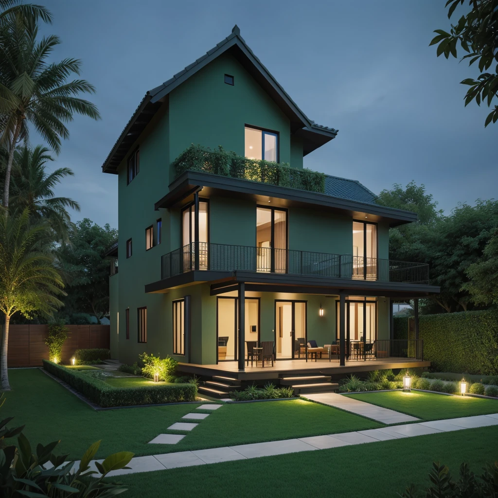 Two story house in the night background green garden