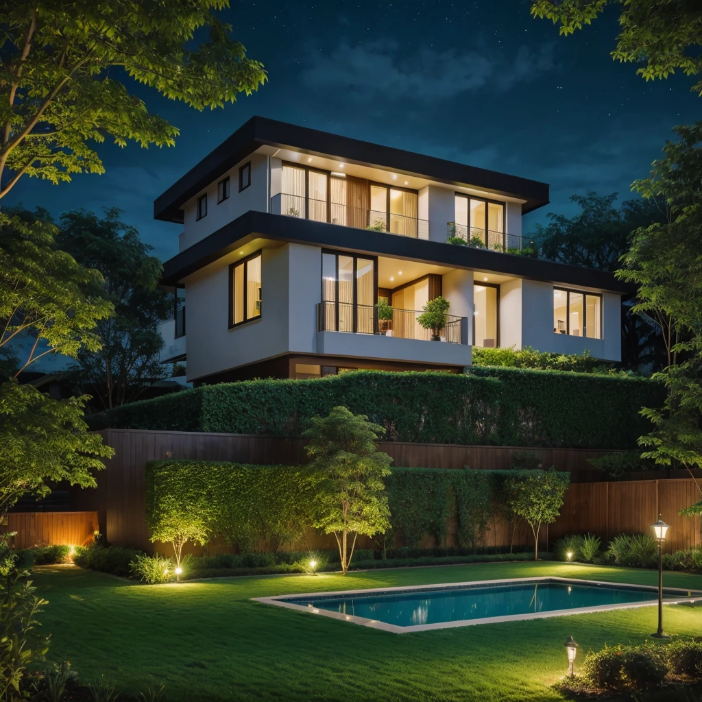 Two story house in the night background green garden