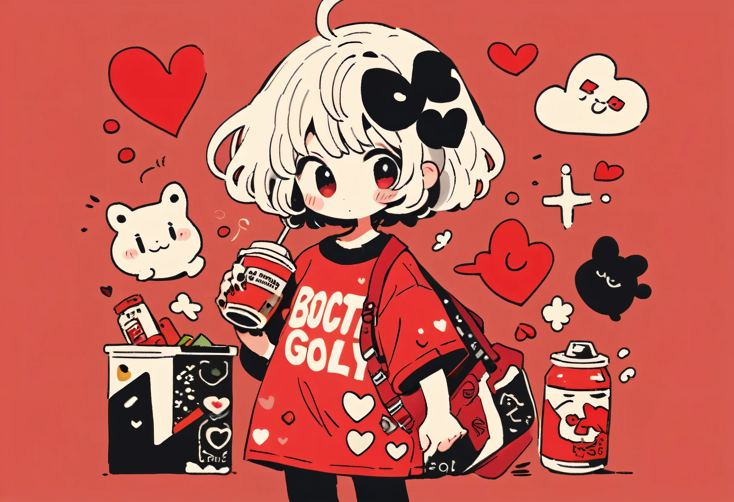 Black Star Red and White style, Simple Line Initialism,Abstract art,Urban Background, colorful hearts ,(((The most beautiful girl of all time))), ((chibi)), Sweet face.