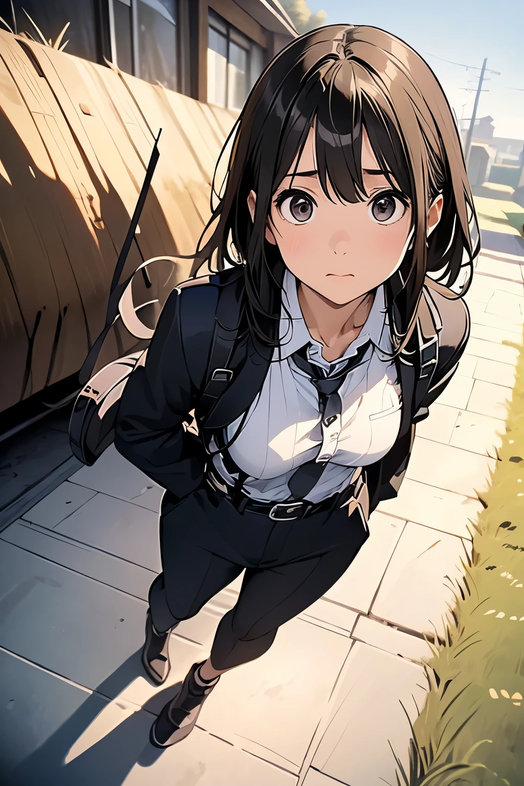 high quality, masterpiece, Ultra-high resolution, (realism: 1.4), Oil painting style, Cinema Lighting, An endless grassland dotted with a few houses, I stood on the empty asphalt road and looked at it., Fairy Mountain々was shrouded in mist, And the suspenders with the cranes flying　　　Moderate breasts　 　 　　　　Small face　 　　　holster　　　Beautiful woman　　　　 Lying in bed　Looking up　　　　Sweat 　　　belt　summer　脇Sweat 　Black Hole Gloves　suit　shirt　　Black jacket　 Black trousers　Leg Links　ズボンにbelt　　holster　Nipples showing through clothes, caught　　Hands behind your back　 Anxious expression　Looking up　Anxious face