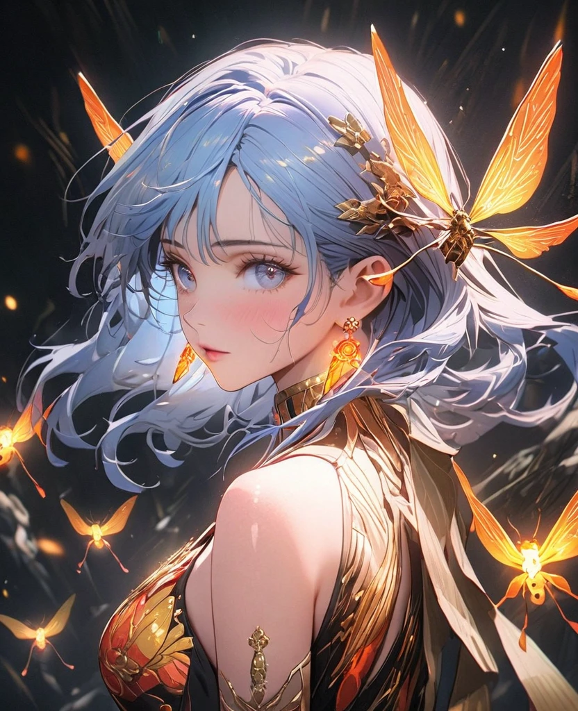 8K,gal,an extremely delicate and beautiful,Beautiful and realistic skin,Shiny jewel-like earrings,glowing tattoo,Long blue hair,beautiful eyes,whole body,beautiful fire Fly,chinadress