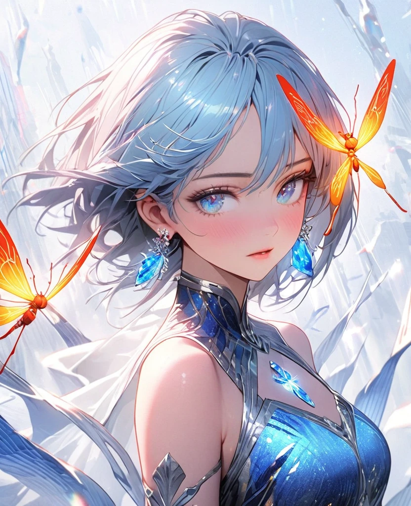 8K,gal，an extremely delicate and beautiful,Beautiful and realistic skin,Shiny jewel-like earrings,glowing tattoo,Long blue hair,beautiful eyes,whole body,beautiful fire Fly,chinadress