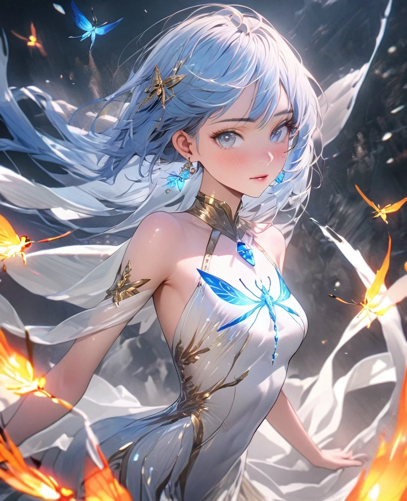 8K,gal，an extremely delicate and beautiful,Beautiful and realistic skin,Shiny jewel-like earrings,glowing tattoo,Long blue hair,beautiful eyes,whole body,beautiful fire Fly,chinadress