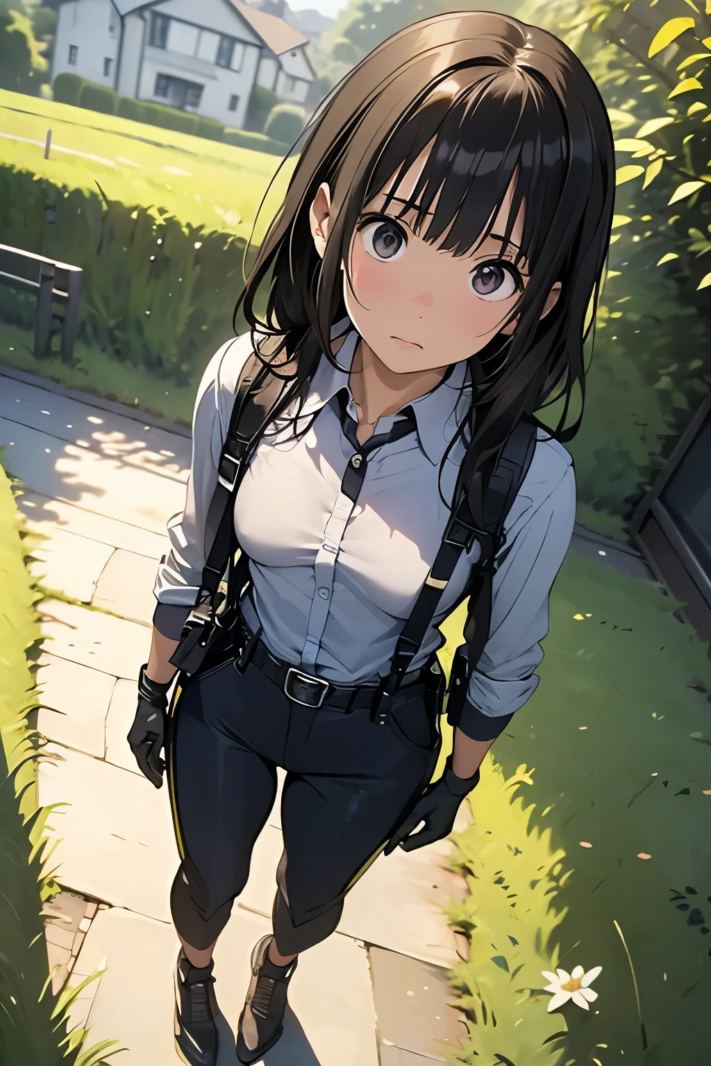 high quality, masterpiece, Ultra-high resolution, (realism: 1.4), Oil painting style, Cinema Lighting, An endless grassland dotted with a few houses, I stood on the empty asphalt road and looked at it., Fairy Mountain々was shrouded in mist, And the suspenders with the cranes flying Moderate breasts Small face holster Beautiful woman Lying in bed Looking up Sweat belt summer 脇Sweat Black Hole Gloves suit shirt Black jacket Black trousers Leg Links ズボンにbelt holster Nipples showing through clothes, caught Hands behind your back Anxious expression Looking up Anxious face