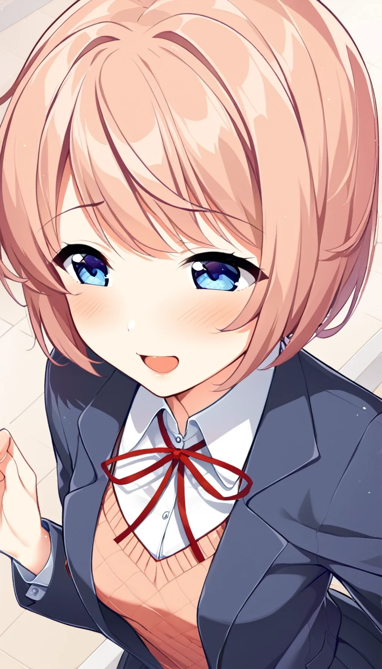 one girl, lovely, blazer, Sayori, my childhood friend, cute, short hair, blush, light blue eyes, love me, I stroke her head gently, feel happiness, from above, my hand on her head, look at me, ecstatic, I cherish her