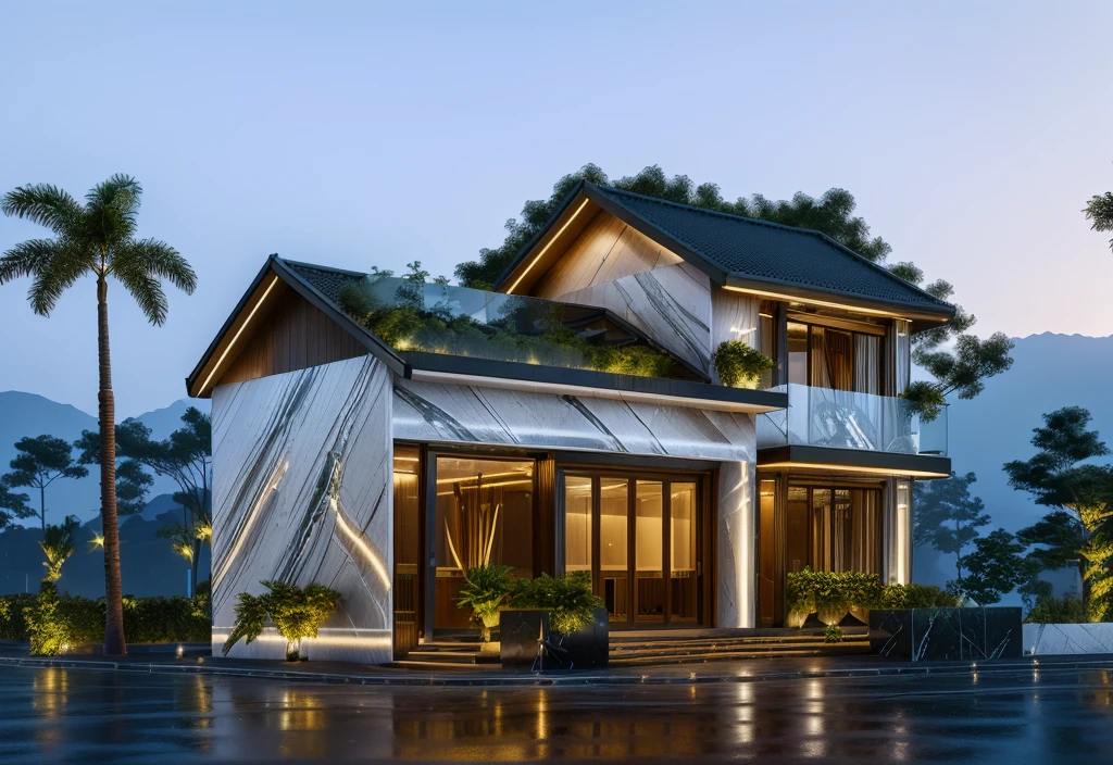 3D render of a beautiful house, Dark, gray tones, white wall. lumion render, night time render, insanely detailed rendering, realistic architecture, architectural visualization. The house is adorned with elegant lighting and plants to enhance its exterior appearance in a Vietnam city street. The staircase leading into the house is tiled with black marble and has bright LED lights. Behind are hills and mountains with clear blue sky. balcony with green plants. The main door is made of black aluminum and glass reaching up to the ceiling. Looking through the glass windows to look inside the house with luxurious interiors with luxurious and warm lights, interior lighting rendering and lighting effects. marble and wood and glass, dark and modern, luxcore render, taken with professional photography techniques, using a wide angle lens with bright natural light and high resolution details, in the style of professional photograph, hyper realistic, highly detailed.