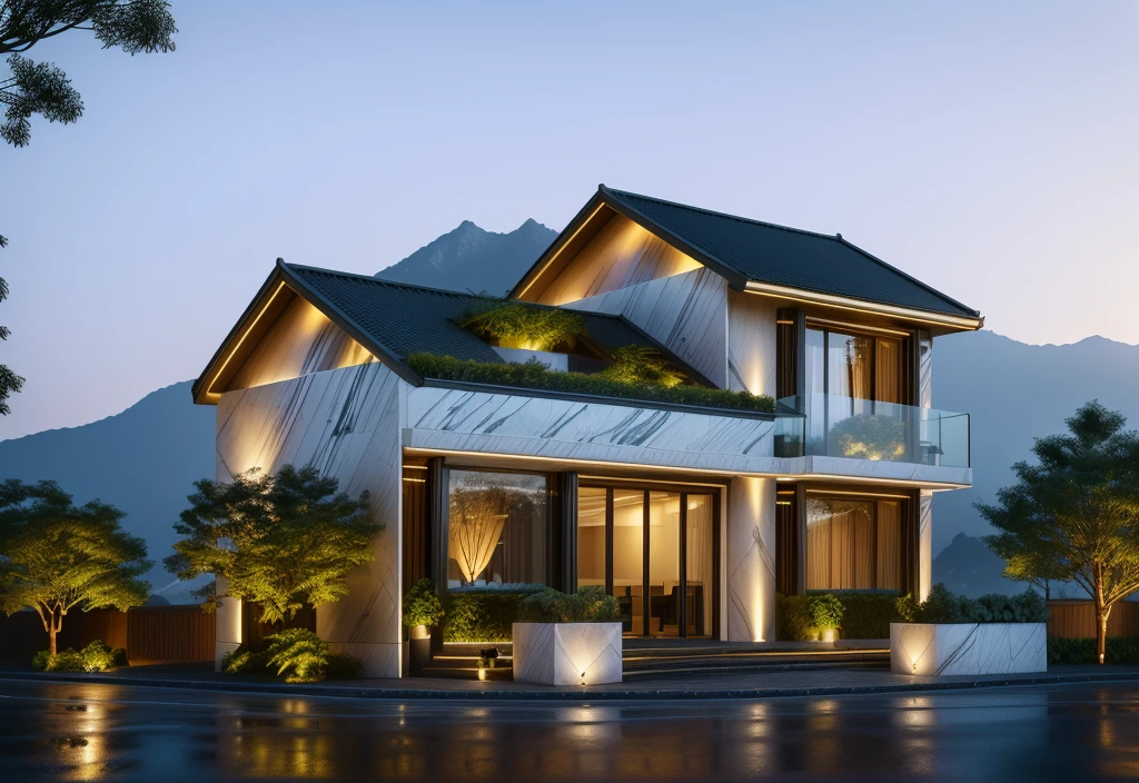 3D render of a beautiful house, Dark, gray tones, white wall. lumion render, night time render, insanely detailed rendering, realistic architecture, architectural visualization. The house is adorned with elegant lighting and plants to enhance its exterior appearance in a Vietnam city street. The staircase leading into the house is tiled with black marble and has bright LED lights. Behind are hills and mountains with clear blue sky. balcony with green plants. The main door is made of black aluminum and glass reaching up to the ceiling. Looking through the glass windows to look inside the house with luxurious interiors with luxurious and warm lights, interior lighting rendering and lighting effects. marble and wood and glass, dark and modern, luxcore render, taken with professional photography techniques, using a wide angle lens with bright natural light and high resolution details, in the style of professional photograph, hyper realistic, highly detailed.