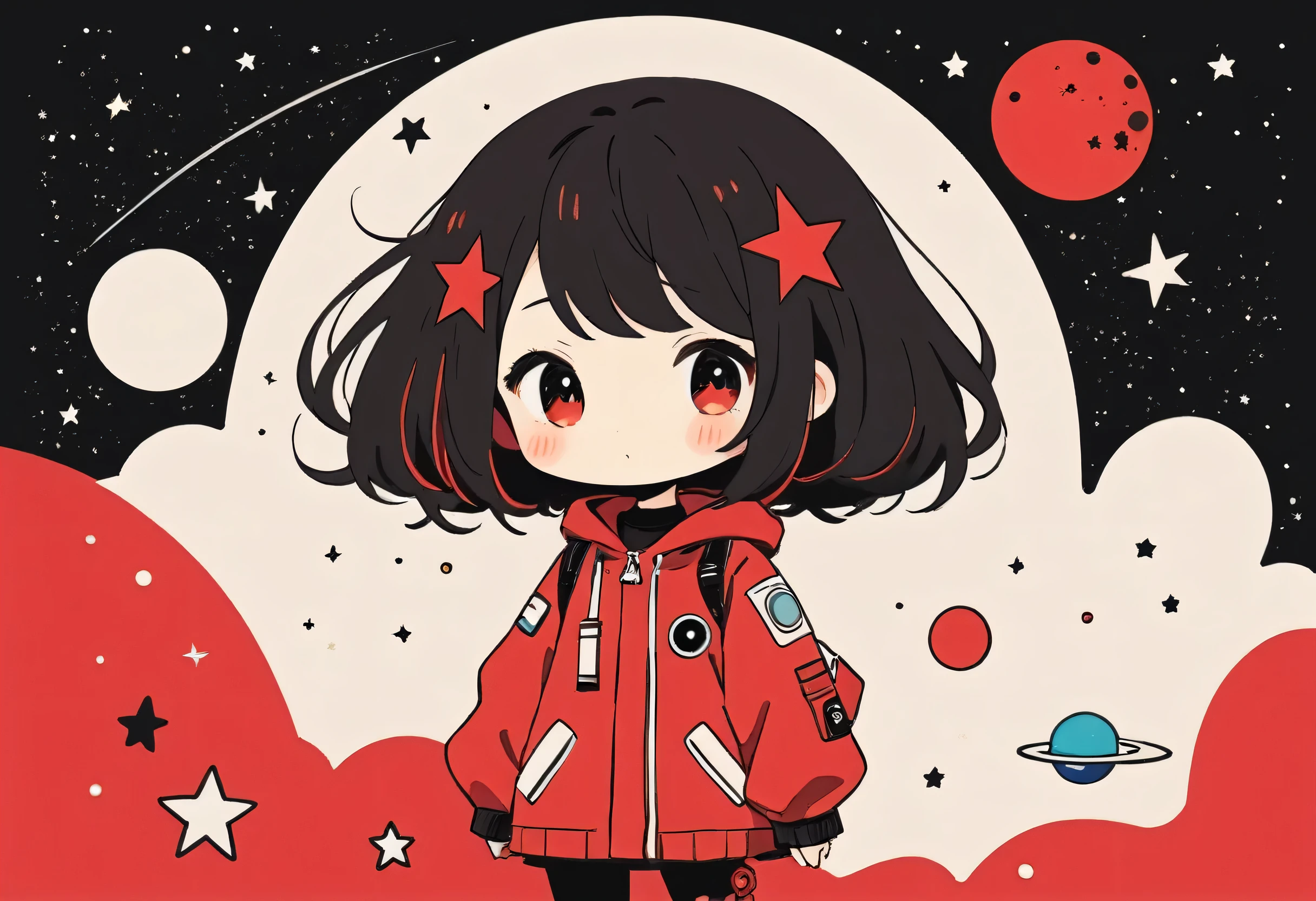 Black Star Red and White style, Simple Line Initialism,Abstract art,Kawaii Design, The most beautiful girl of all time、Chibi, Cute Alien、Space Travel、