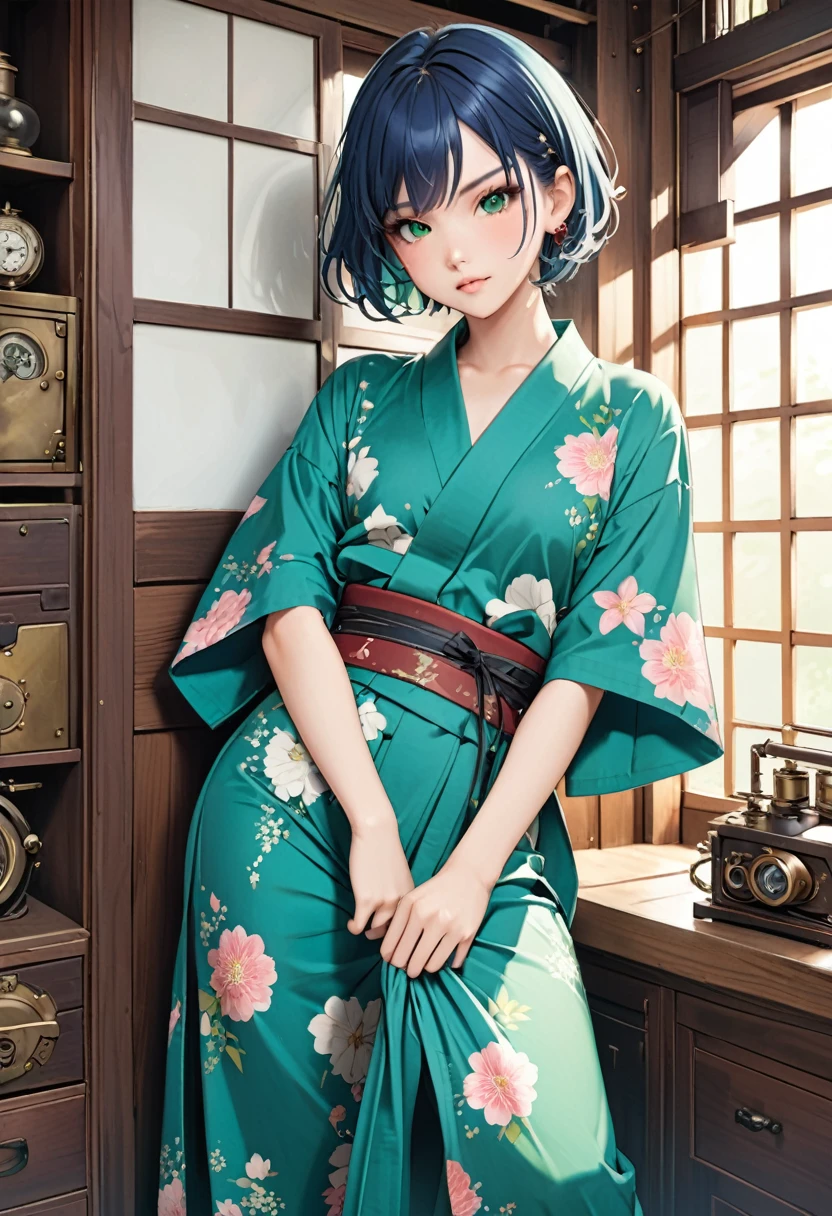 (fashion magazine gravure:1.3),(masterpiece, best quality:1.1),A gravure photo of a girl from the Edo period, with a model posing in a green-color yukata,starry pattern yukata,open yukata,Steampunk,model posing,summer,whole body,BREAK.(tween,detailed face,(darkblue wavy-short hair),eyebrows),