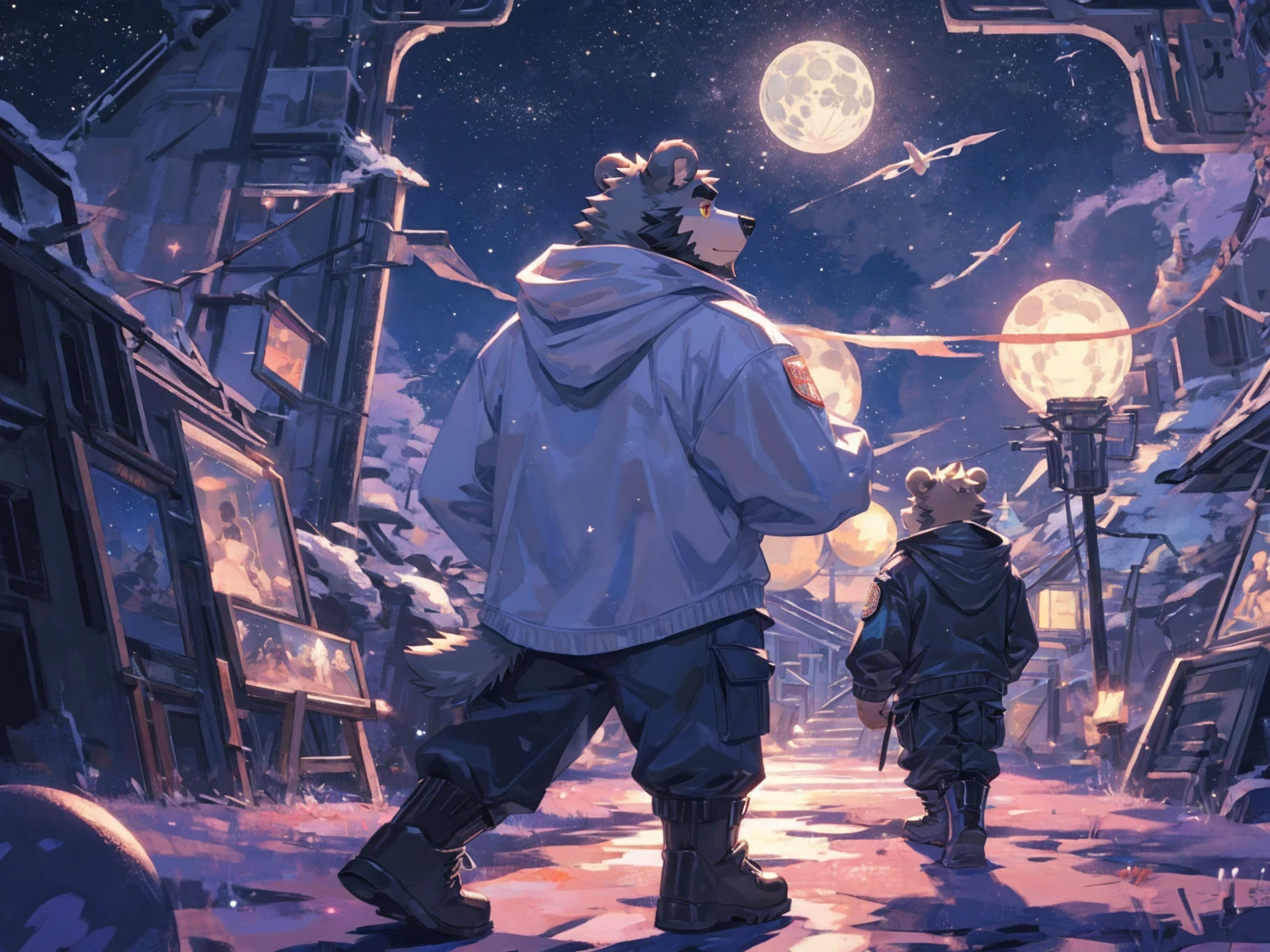 (masterpiece:1.2), best quality,pixiv,official art,perfect anatomy, (Ray tracing, light),solo, (1_male:1.3) , (muscle), (grey fur:1.4), (muscle bear), (beard:1.2), (gleaming golden eyes), bear tail, full body, Thick black eyebrows,(open hoodie parka), (pure white T-shirt inside), (cargo pants:1.2), boots, universe, planet, cosmos ,Galaxy, on the moon, interstellar travel
