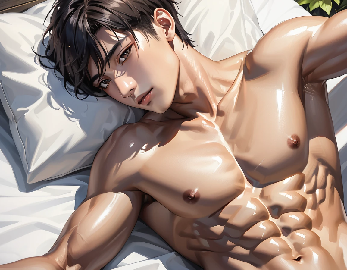 high quality, detailed, Realistic, (one japanese boy), (detailed dark brown eyes), (abs:1.5), (shiny skin), detailed nipples, black hair, (black tiny thong), (erected bulge), summer noon, (smile:0.7), close up face, laying on my side shot,