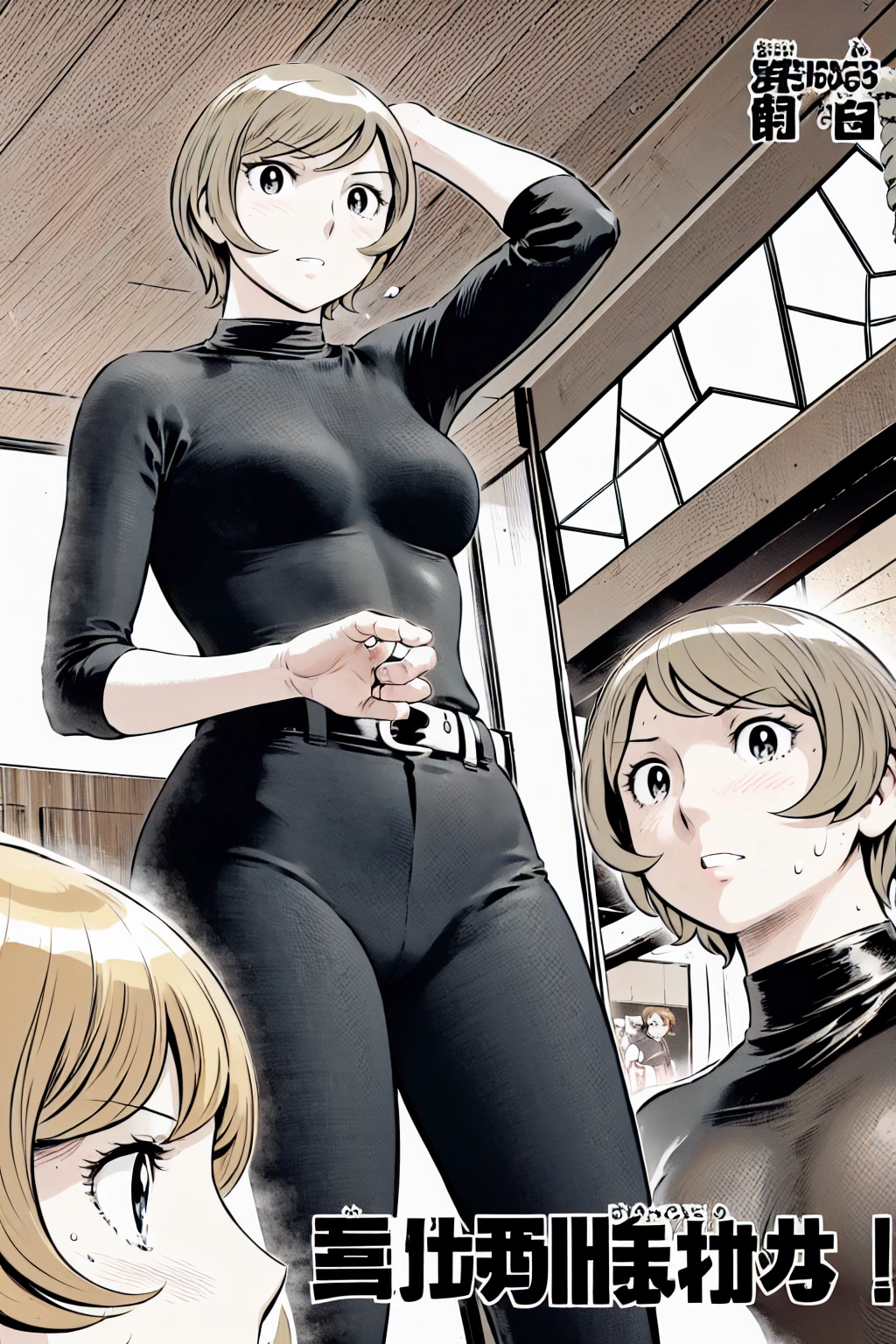 、(masterpiece、Highest quality)、Highest quality, Ultra-high resolution, (((masterpiece))), alone, Sweat、Big eyes,Tight black shirt、Tight white pants、belt、indoor、Composition from the front、（Cut the back hair short、short hair、blonde、woman）、Shortcuts、Embarrassed face、Cut your hair short、可愛いwomanの子、Big Breasts、Inside the room、Full Color、Baseball uniform