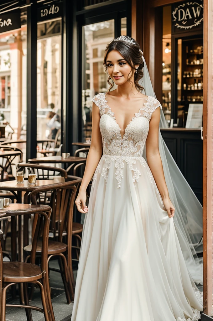 Draw a girl in a wedding dress near a cafe