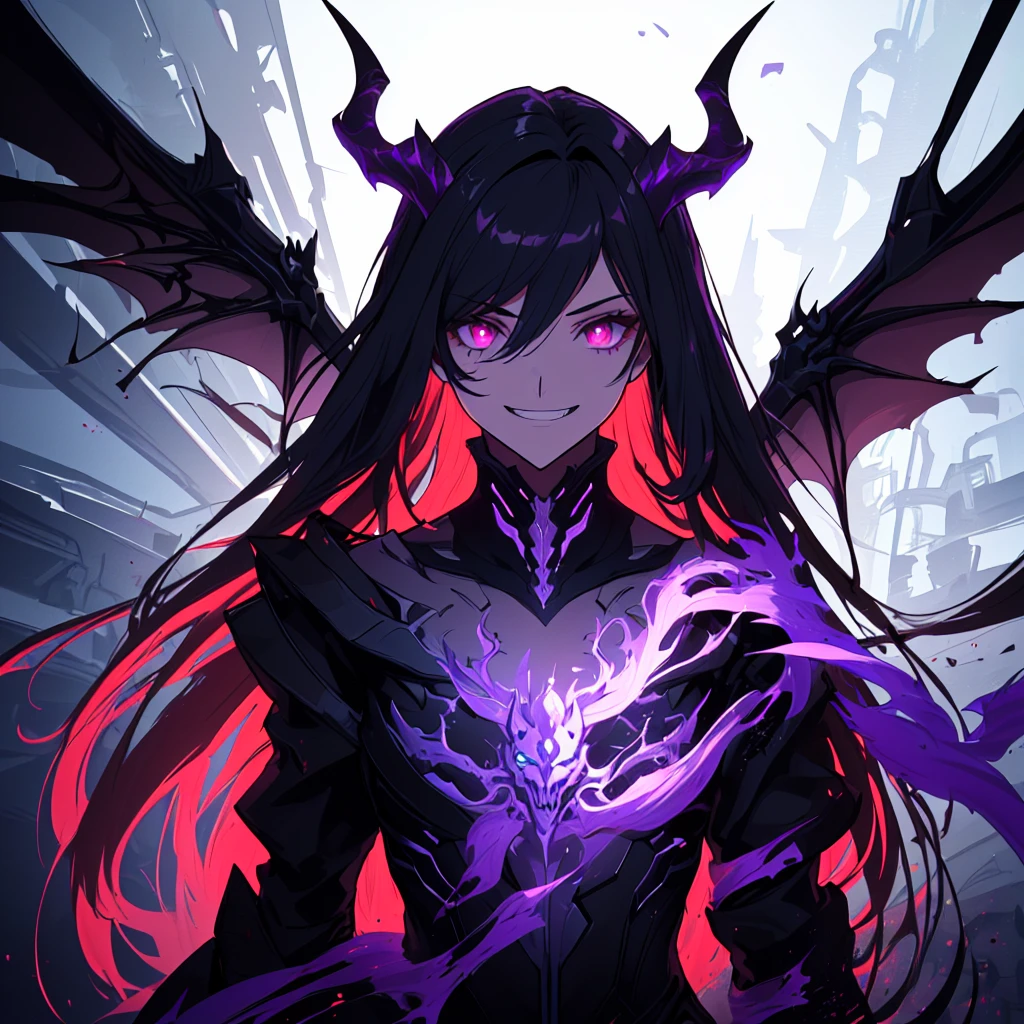 anime character with a purple and black wings and a purple and black dragon, purple ancient antler deity, warframe hound, fit girl demon with white horns, demon soul concept art, detailed warframe, lolth, female djinn demon hybrid, warframe infested art, nightmare render, warframe hound art, king of time reaper, illithid, (human, 1girl, solo, upper body shot:1.33), (dynamic pose, expressive, arrogance:1.5), snarl, (multi colour hair, black hair, red hair:1.12), head tilt, grin, crazy eyes, (flat chest, evil:1.2), long hair
