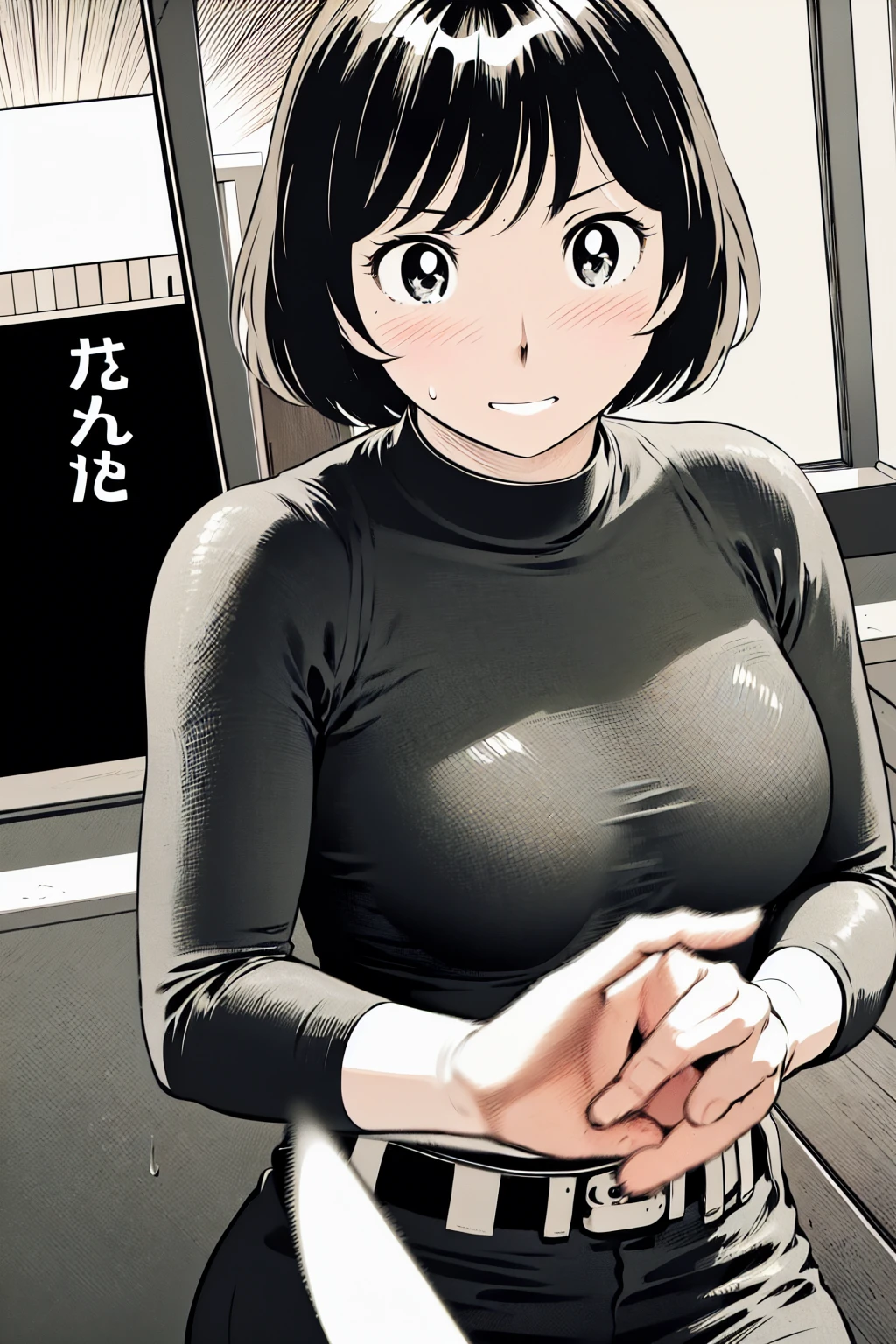 、(masterpiece、Highest quality)、Highest quality, Ultra-high resolution, (((masterpiece))), alone, Sweat、Big eyes,Tight black shirt、Tight white pants、belt、indoor、Composition from the front、(Cut the back hair short、short hair、blonde、woman)、Shortcuts、Embarrassed face、Cut your hair short、可愛いwomanの子、Big Breasts、Inside the room、Full Color、Baseball uniform