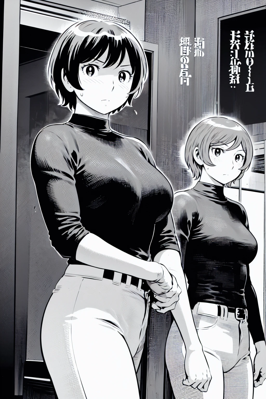 、(masterpiece、Highest quality)、Highest quality, Ultra-high resolution, (((masterpiece))), alone, Sweat、Big eyes,Tight black shirt、Tight white pants、belt、indoor、Composition from the front、(Cut the back hair short、short hair、blonde、woman)、Shortcuts、Embarrassed face、Cut your hair short、可愛いwomanの子、Big Breasts、Inside the room、Full Color、Baseball uniform