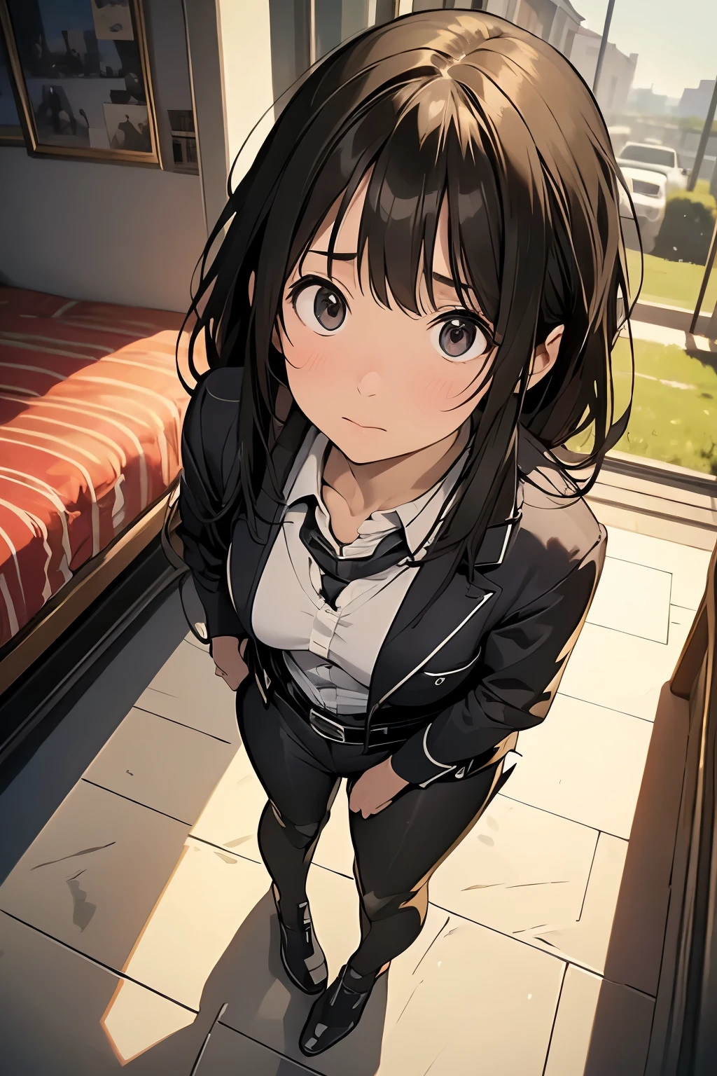 high quality, masterpiece, Ultra-high resolution, (realism: 1.4), Oil painting style, Cinema Lighting, An endless grassland dotted with a few houses, I stood on the empty asphalt road and looked at it., Fairy Mountain々was shrouded in mist, And the suspenders with the cranes flying Moderate breasts Small face holster Beautiful woman Lying in bed Looking up Sweat belt summer 脇Sweat Black Hole Gloves suit shirt Black jacket Black trousers Leg Links ズボンにbelt holster Nipples showing through clothes, caught Hands behind your back Anxious expression Looking up Anxious face