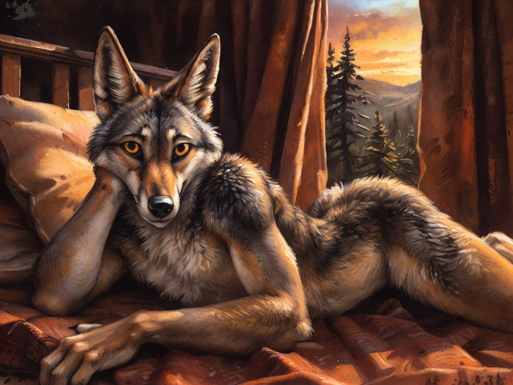 ((symmetrical eyes, dark retinas, simple eyes, large wide eyes)), ((solo)), anthro, male, (coyote), ((sexy, feminine body)), laying on side, shy, (tail:1.2), by blotch, by kenket, (masterpiece, 8k, (perfect hands), correct anatomy:1.2), detailed background, bed, dusk, tan fur, in back turned posing, sexy butt