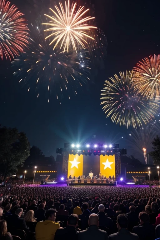 Private event, with lots of people, happy and smiling enjoying, fireworks in the starry sky and a large stage with a live show, a music band playing on the stage, and some security guards in yellow vests around people in the room