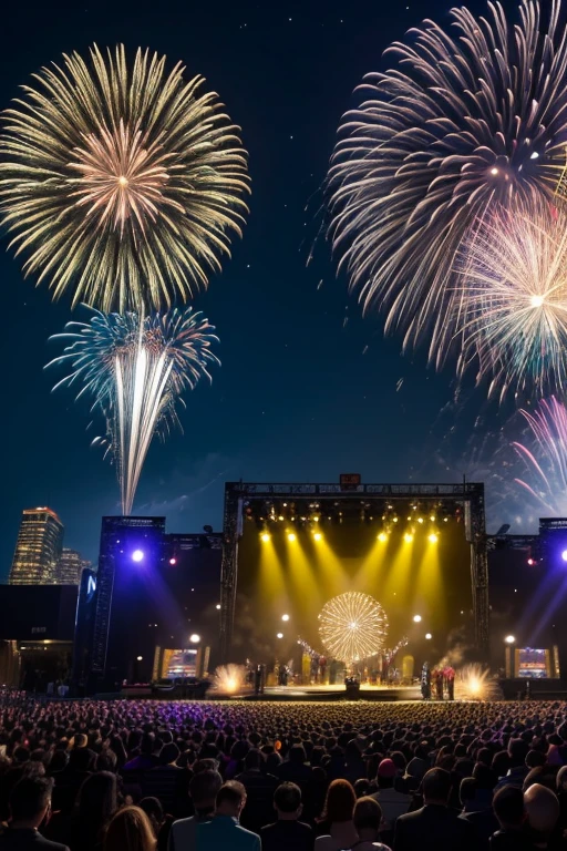 Private event, with lots of people, happy and smiling enjoying, fireworks in the starry sky and a large stage with a live show, a music band playing on the stage, and some security guards in yellow vests around people in the room