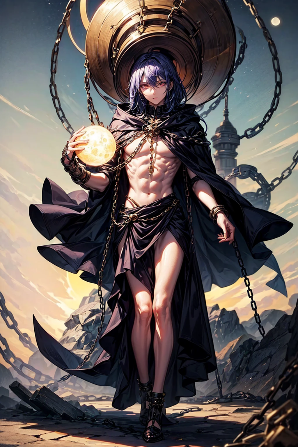 ((best quality)), ((masterpiece)), (detailed), god of destruction, godliness, destruction, chains, he controls chains, he is holding a sphere. He has dark clothing, purple, black. The orb is dark and has chains going around it. Behind him is the moon. He is a male, male, covered legs,