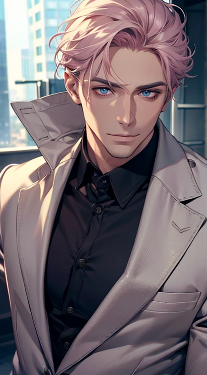 (best quality,4k,8k,highres,masterpiece:1.2),ultra-detailed,(realistic,photorealistic,photo-realistic:1.37),1 man,31 years old,mature man,very handsome,without expression,smile,short grey pink hair,blue eyes,penetrating gaze,perfect face without errors,imposing posture,businessman,office background,cinematic lighting,hdr image