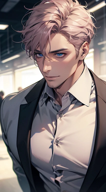 (best quality,4k,8k,highres,masterpiece:1.2),ultra-detailed,(realistic,photorealistic,photo-realistic:1.37),1 man,31 years old,mature man,very handsome,without expression,smile,short grey pink hair,blue eyes,penetrating gaze,perfect face without errors,imposing posture,businessman,office background,cinematic lighting,hdr image