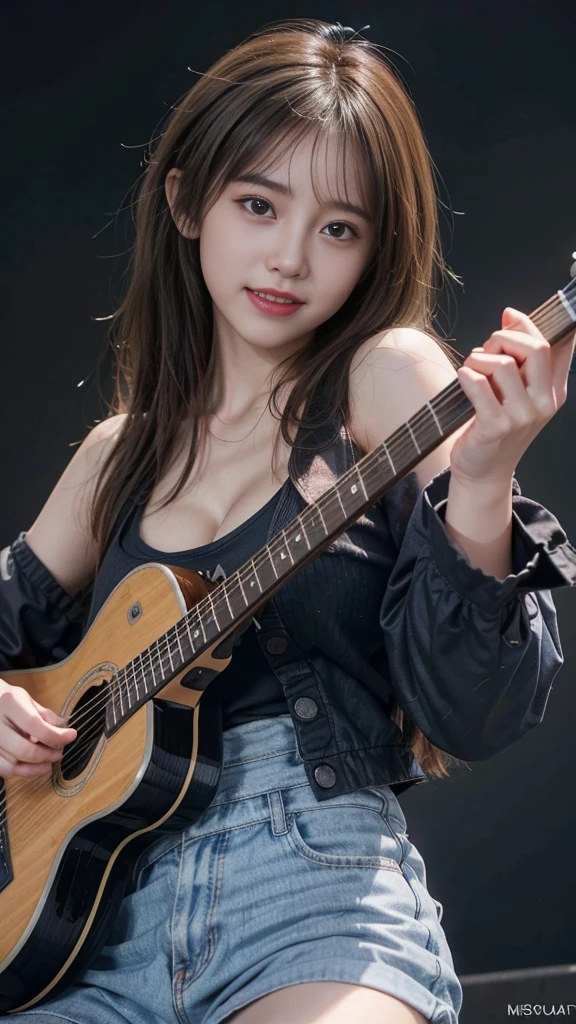 RAW Image Quality、8K resolution、Ultra-high-definition CG images、Girl playing guitar on a neon stage, attractive, (Mischievous Smile), Beautiful breasts, Cleavage, Muse, amazing, Ultra-realistic volume details, Unreal Engine, ((Detailed eyes and face:1.2, Professional photography techniques)), (Photorealism:1.4), (View the viewer)
