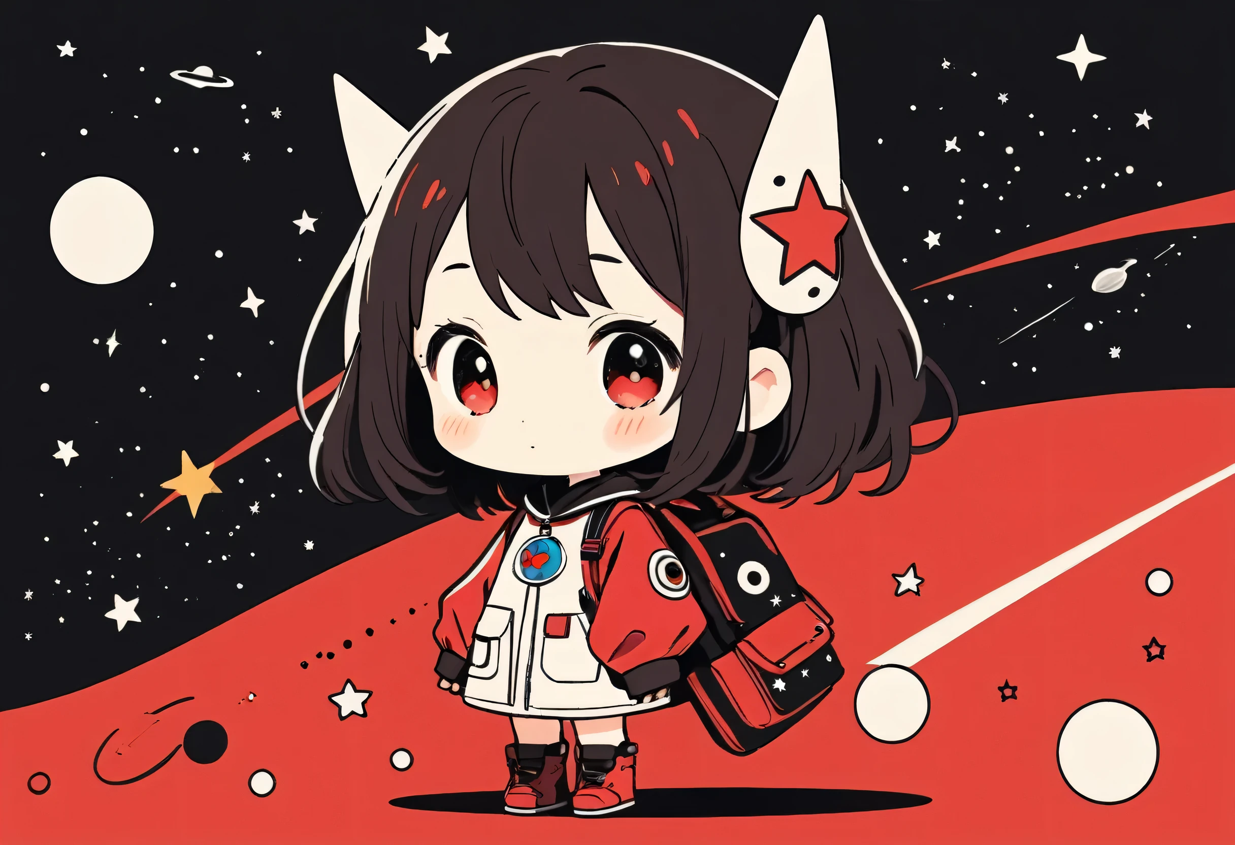 Black Star Red and White style, Simple Line Initialism，Abstract art，Kawaii Design, The most beautiful girl of all time、Chibi, Cute Alien、Space Travel、