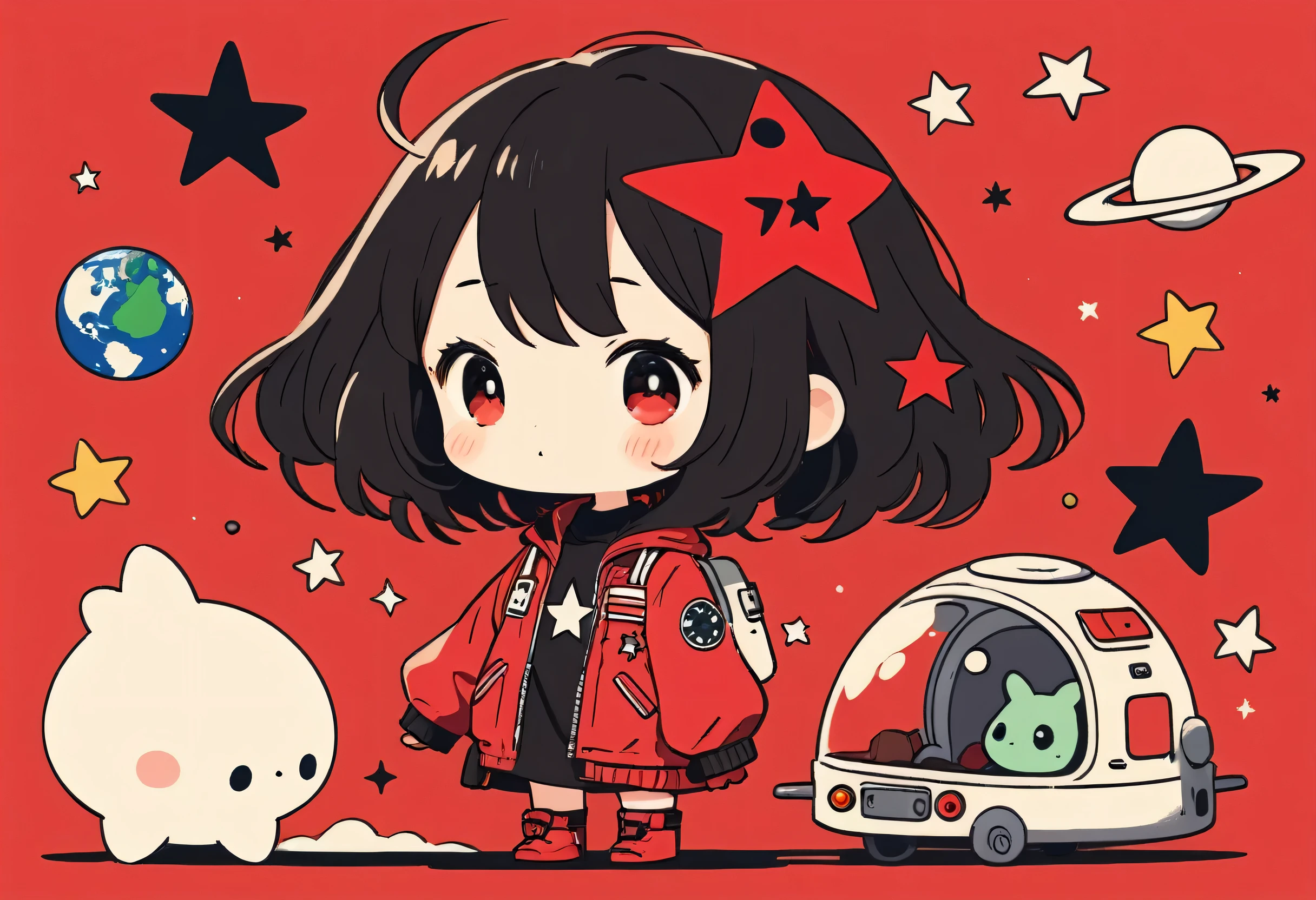 Black Star Red and White style, Simple Line Initialism,Abstract art,Kawaii Design, The most beautiful girl of all time、Chibi, Cute Alien、Space Travel、