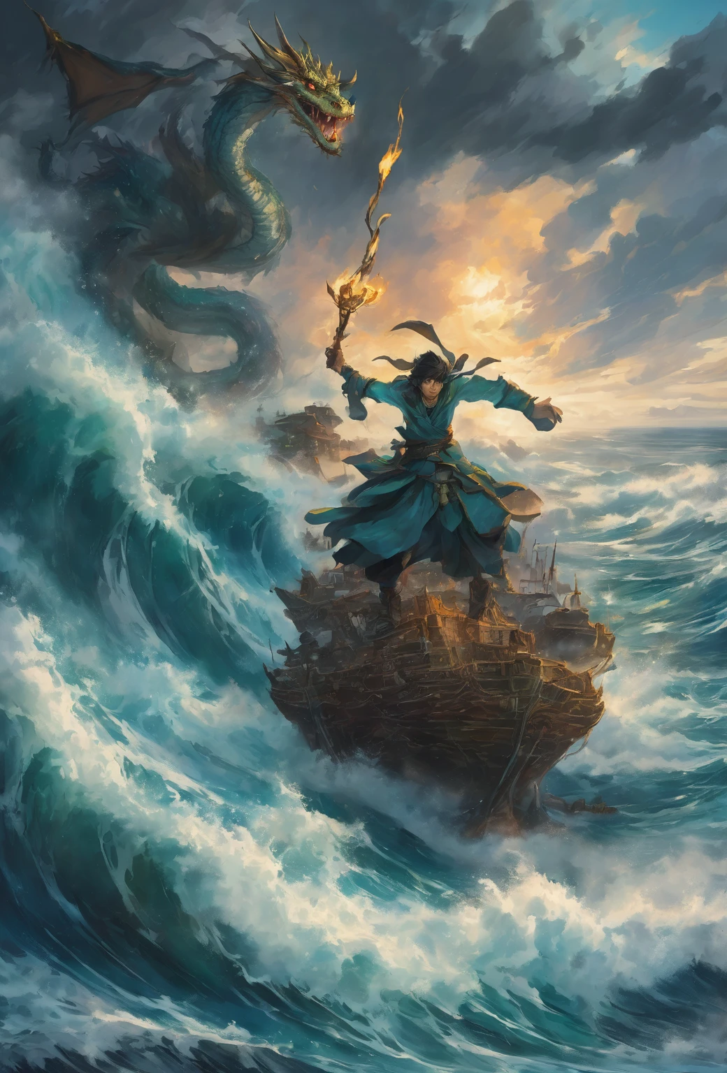 A young sorcerer controlling a torrent of water that forms into various shapes like dragons and waves, Cliffside overlooking a vast, turbulent ocean with storm clouds brewing in the distance, Empowering and intense with a sense of raw elemental magic, Anime Style High-energy digital painting with bold, dynamic lines and dramatic contrasts to emphasize the sorcerer's power and the churning ocean below