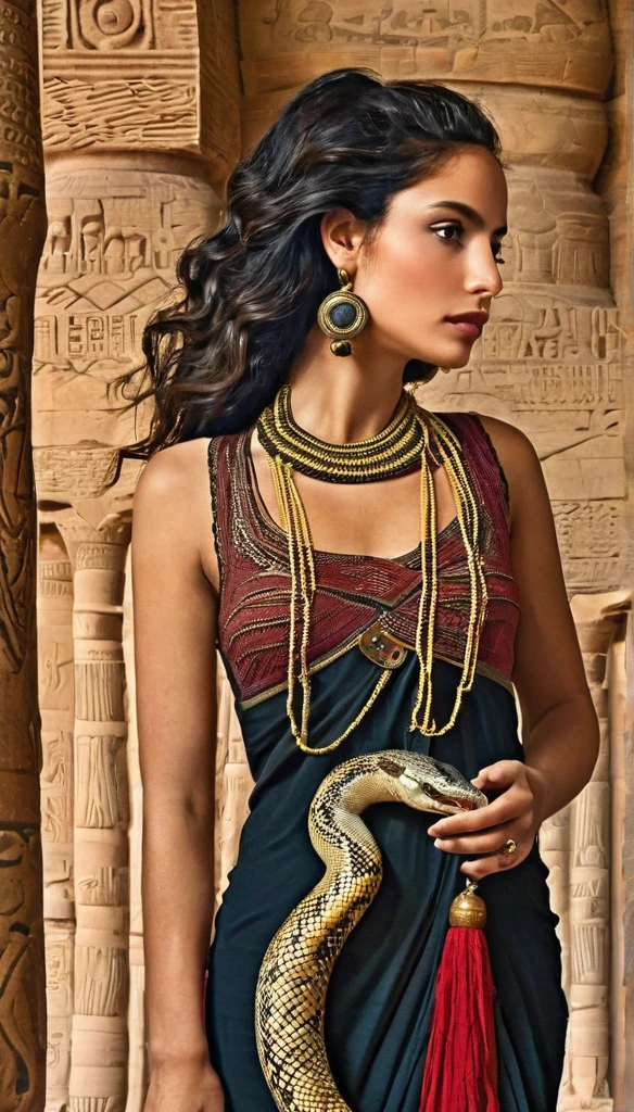 Femme égyptienne , a l'Égypte antique, avec une grosse poitrine, a la peau de serpent, dans un temple égyptien, porte une robe rouge et maron couleur sable, moule le corps, vêtements transparent, femme avec de long cheveux raide noirs orné de nombreux bijoux,  la femme est très enceinte de serpent, sa poitrine est gonflé de lait, la femme a des crochets de serpent visible lorsqu'elle sourit, la femme a des yeux doré a pupilles reptilienne, porte un cobra noir, la femme et une femme serpent