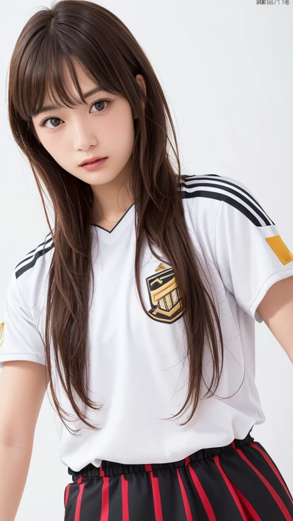(Highest quality、8K、32k、masterpiece)、(Realistic)、(Realistic:1.2)、(High resolution)、Very detailed、Very beautiful face and eyes、1 Girl、Round and small face、Tight waist、Delicate body、(close、Highest quality、Attention to detail、Rich skin detail)、(Highest quality、8K、Oil paints:1.2)、(Realistic、Realistic:1.37)、Bright colors、(((Brown Hair)))、(((Upper Body Shot)))、(((Medium Hair)))、(((White wall background)))、(((Sad expression)))、(((Brown Hair)))、(((Soccer uniforms)))、(((黒とピンクのSoccer uniforms)))、stripe々Clothes