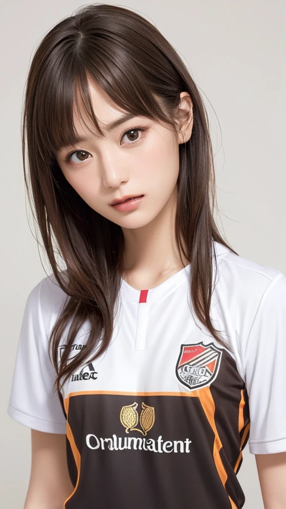 (Highest quality、8K、32k、masterpiece)、(Realistic)、(Realistic:1.2)、(High resolution)、Very detailed、Very beautiful face and eyes、1 Girl、Round and small face、Tight waist、Delicate body、(close、Highest quality、Attention to detail、Rich skin detail)、(Highest quality、8K、Oil paints:1.2)、(Realistic、Realistic:1.37)、Bright colors、(((Brown Hair)))、(((Upper Body Shot)))、(((Medium Hair)))、(((White wall background)))、(((Sad expression)))、(((Brown Hair)))、(((Soccer uniforms)))、(((黒とピンクのSoccer uniforms)))、stripe々Clothes