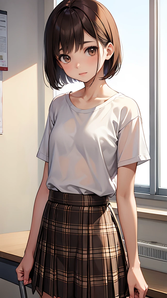 (1 female), short bob, 18 years old, Japanese, brown eyes, brown hair, slim, (flat chest), high school girl, classroom, plain see-through T-shirt: 1.5, (mint green bra: 0.6), plaid skirt, bra visible through clothes,