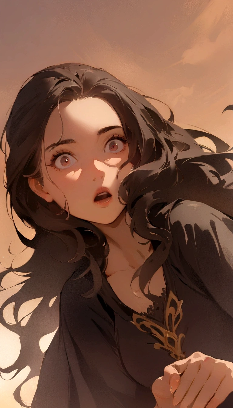 (masterpiece:1.4), (best qualit:1.4), (high resolution:1.4), , anna of arendelle, , surprised, long hair, , looking at viewer,, black tunic,, outdoors, ,